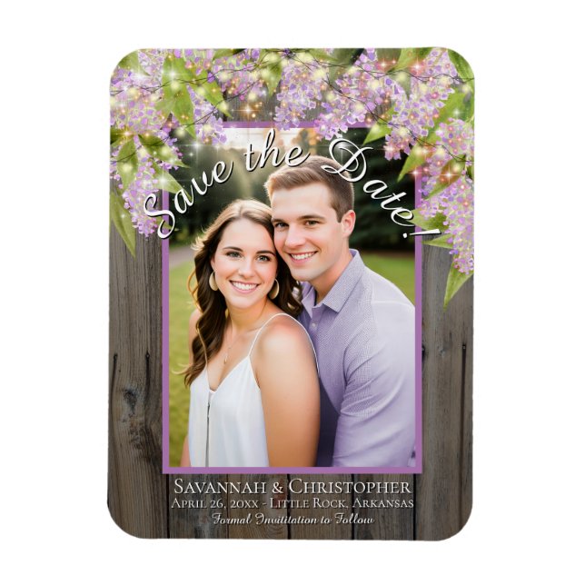 Rustic Lilacs Lights & Photo Wedding Save the Date Magnet (Vertical)