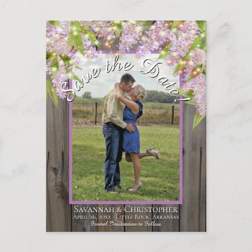 Rustic Lilacs on Wood Photo Wedding Save the Date Announcement Postcard