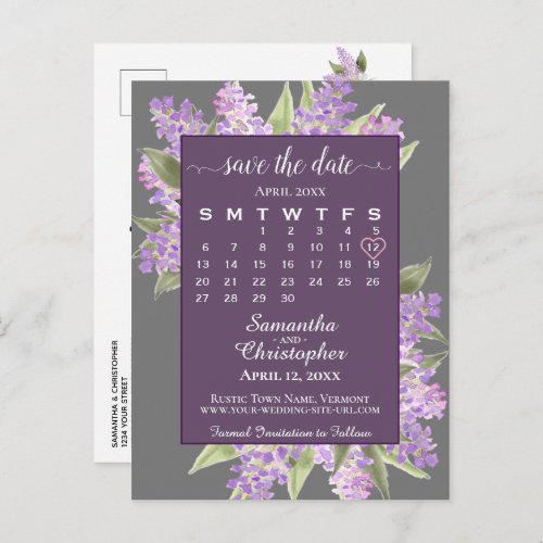 Rustic Lilacs Wedding Save the Date Calendar Gray Announcement Postcard