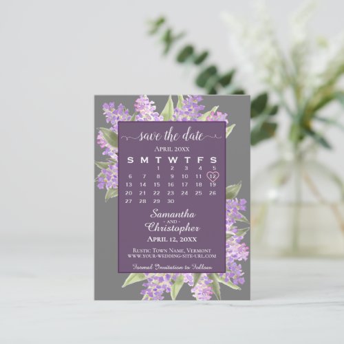 Rustic Lilacs Wedding Save the Date Calendar Gray Announcement Postcard