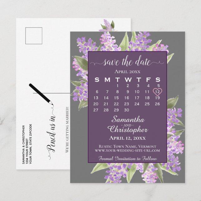 Rustic Lilacs Wedding Save the Date Calendar Gray Announcement Postcard (Front/Back)
