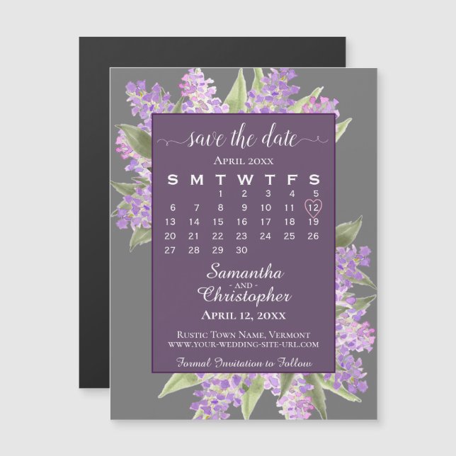 Rustic Lilacs Wedding Save the Date Calendar Gray Magnetic Invitation (Front/Back)
