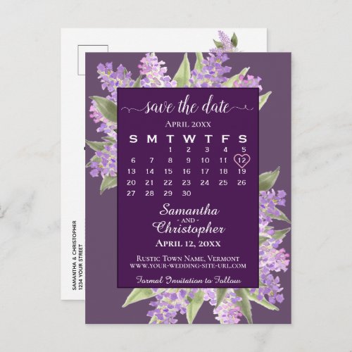 Rustic Lilacs Wedding Save the Date Calendar Plum Announcement Postcard