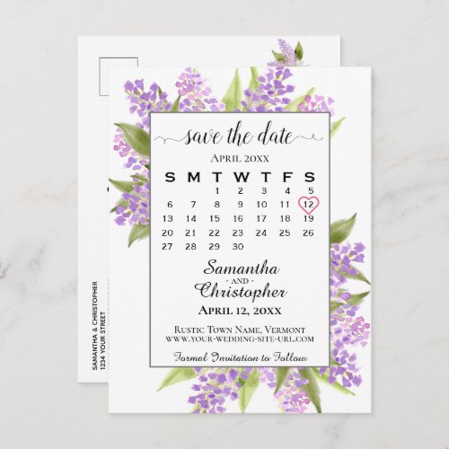 Rustic Lilacs Wedding Save the Date Calendar White Announcement Postcard