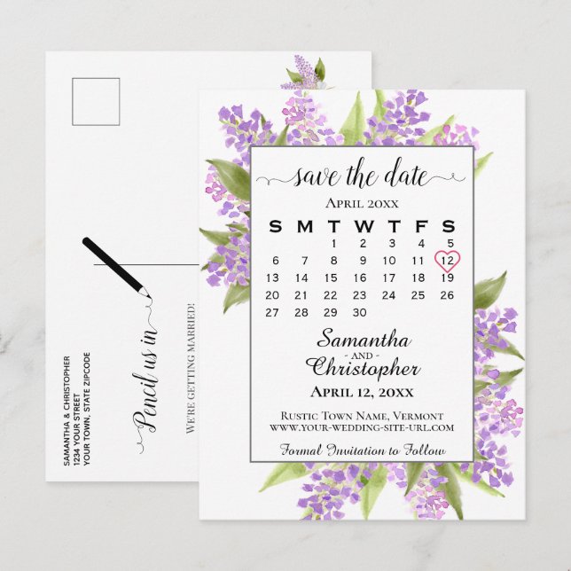 Rustic Lilacs Wedding Save the Date Calendar White Announcement Postcard (Front/Back)