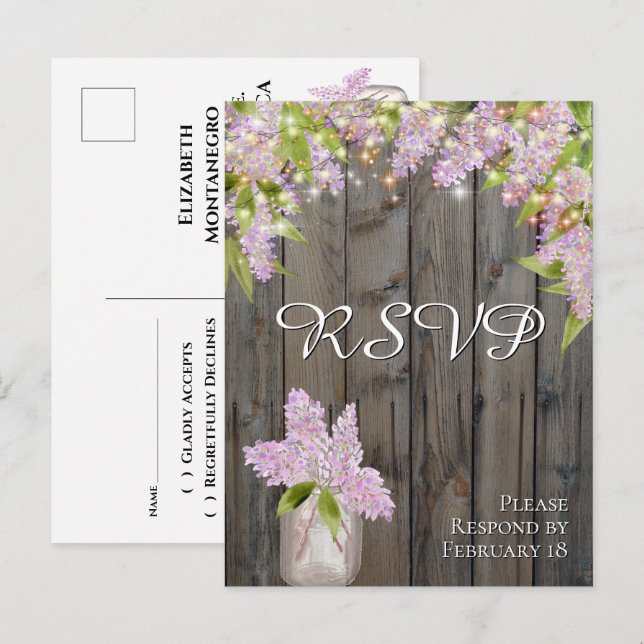 Rustic Lilacs with Barn Wood & Lights Wedding RSVP Postcard (Front/Back)