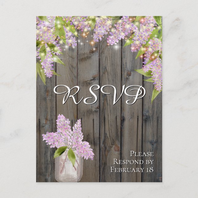 Rustic Lilacs with Barn Wood & Lights Wedding RSVP Postcard (Front)