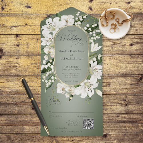 Rustic Lily of the Valley Floral Sage QR Code All In One Invitation