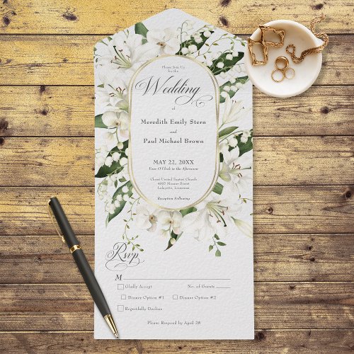 Rustic Lily of the Valley Floral White Dinner All In One Invitation