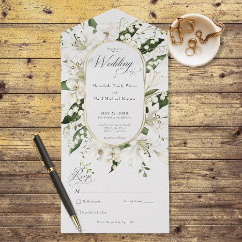 Rustic Lily of the Valley Floral White No Dinner All In One Invitation
