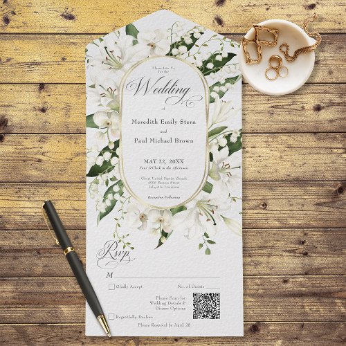 Rustic Lily of the Valley Floral White QR Code All In One Invitation