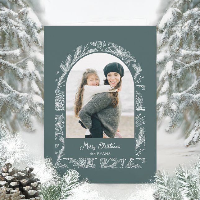 Rustic Line Drawn Christmas Botanical Arch 1-Photo Holiday Card (Creator Uploaded)