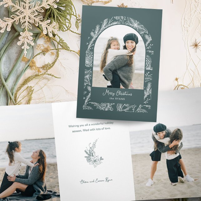 Rustic Line Drawn Christmas Botanical Arch 1-Photo Tri-Fold Holiday Card (Creator Uploaded)