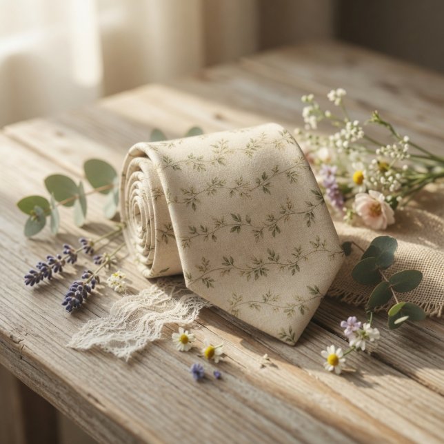 Rustic Linen and Sage Green Delicate Vines Neck Tie (Creator Uploaded)