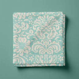 Rustic Linen Beige and Aqua Floral Damask Fabric