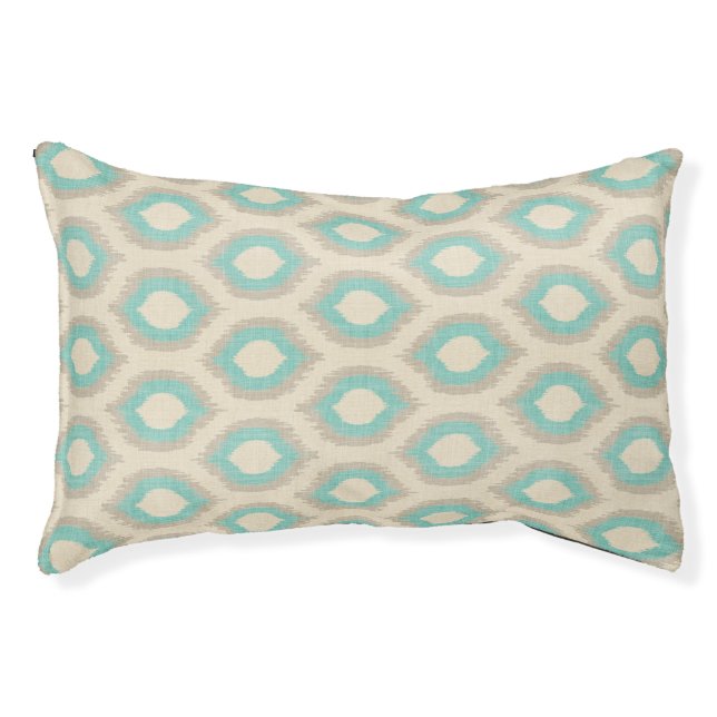 Rustic Linen Beige and Aqua Ikat Print Pet Bed (Front)