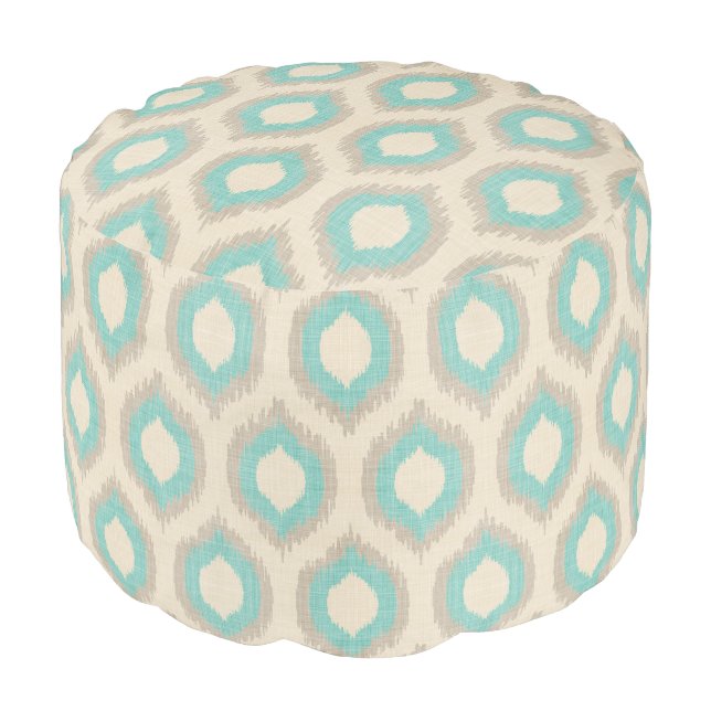 Rustic Linen Beige and Aqua Ikat Print Pouf (Angled Front)