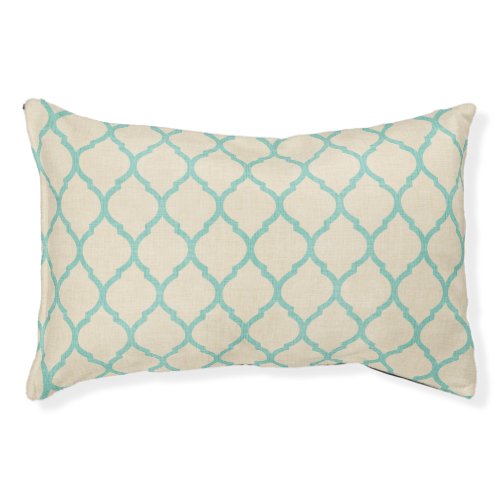 Rustic Linen Beige and Aqua Moroccan Quatrefoil Pet Bed