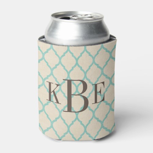 Rustic Linen Beige and Aqua Quatrefoil Monogram Can Cooler