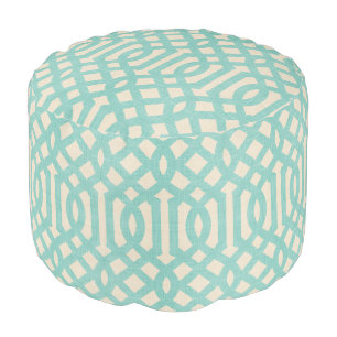 Rustic Linen Beige and Aqua Trellis Pouf