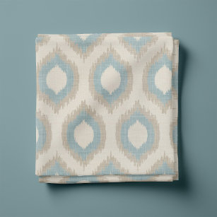 Rustic Linen Beige and Blue Ikat Print Fabric