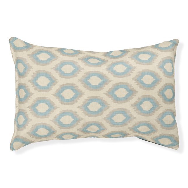 Rustic Linen Beige and Blue Ikat Print Pet Bed (Front)
