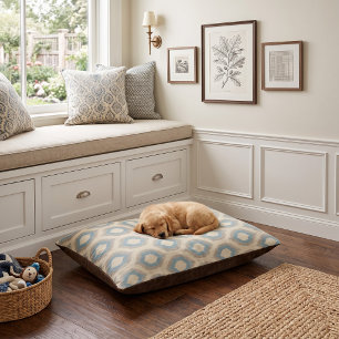 Rustic Linen Beige and Blue Ikat Print Pet Bed