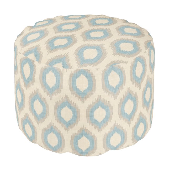 Rustic Linen Beige and Blue Ikat Print Pouf (Angled Front)