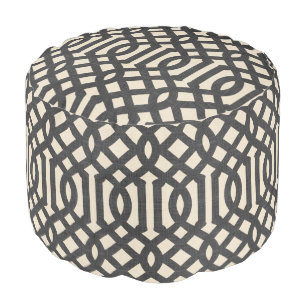 Rustic Linen Beige and Charcoal Gray Trellis Pouf