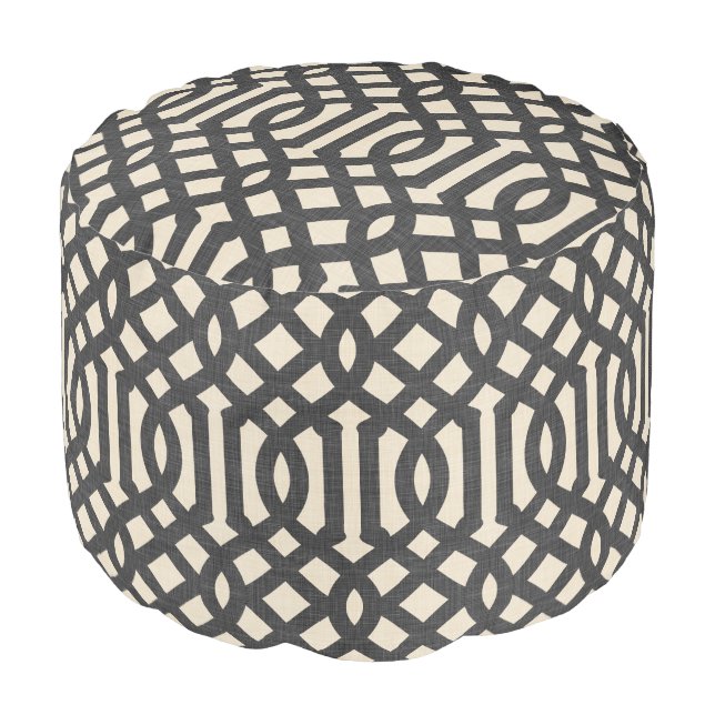 Rustic Linen Beige and Charcoal Gray Trellis Pouf (Angled Front)