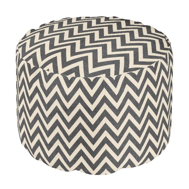 Rustic Linen Beige and Gray Chevron Pouf (Angled Front)