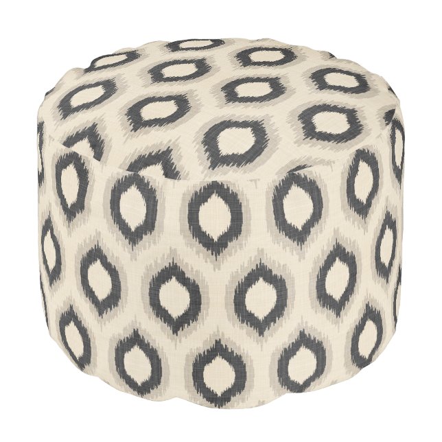 Rustic Linen Beige and Gray Ikat Print Pouf (Angled Front)