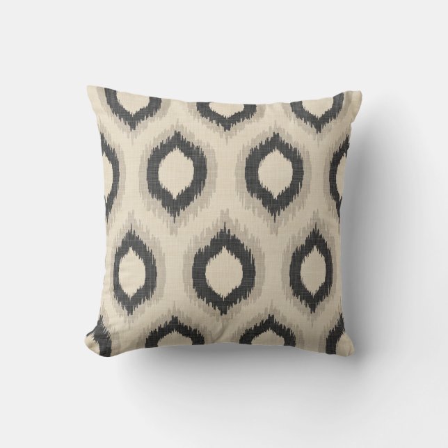 Rustic Linen Beige and Gray Ikat Print Throw Pillow (Front)
