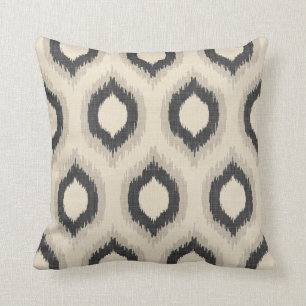 Rustic Linen Beige and Gray Ikat Print Throw Pillow