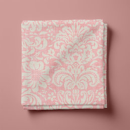 Rustic Linen Beige and Pink Floral Damask Fabric