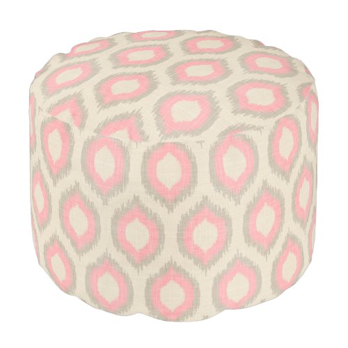 Rustic Linen Beige and Pink Ikat Print Pouf