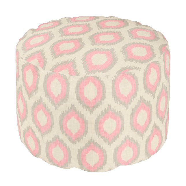 Rustic Linen Beige and Pink Ikat Print Pouf (Angled Front)