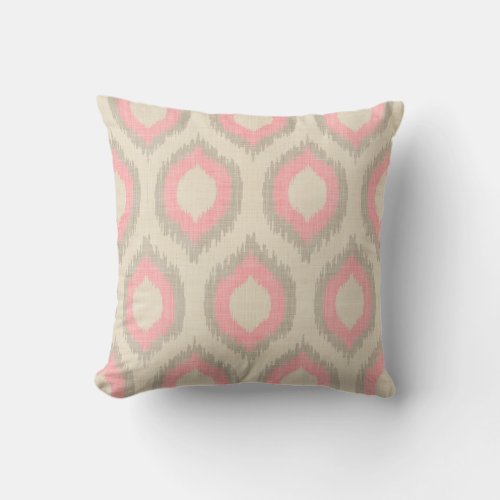Rustic Linen Beige and Pink Ikat Print Throw Pillow