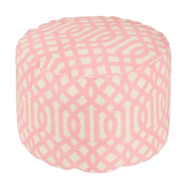 Rustic Linen Beige and Pink Trellis Pouf (Angled Front)