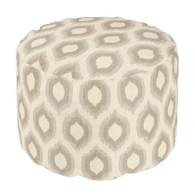 Rustic Linen Beige and Taupe Ikat Print Pouf (Angled Front)