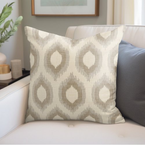 Rustic Linen Beige and Taupe Ikat Print Throw Pillow