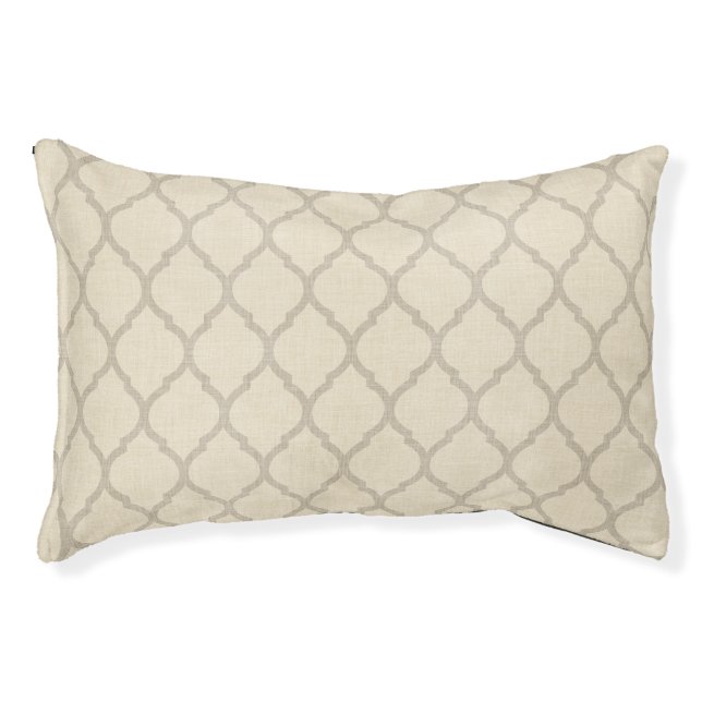 Rustic Linen Beige and Taupe Moroccan Quatrefoil Pet Bed (Front)