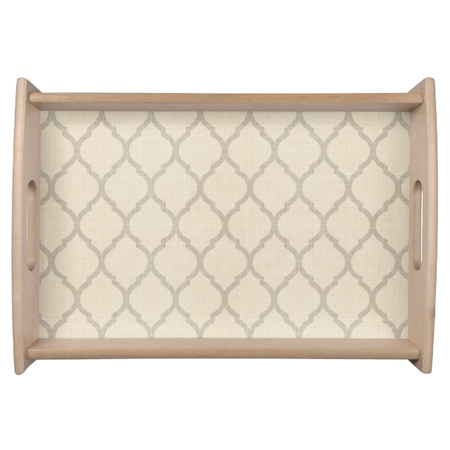 Rustic Linen Beige and Taupe Moroccan Quatrefoil Serving Tray (Front)