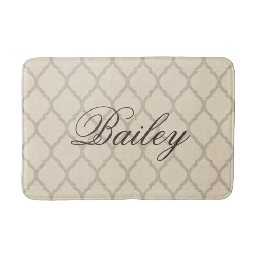 Rustic Linen Beige and Taupe Quatrefoil Monogram Bath Mat