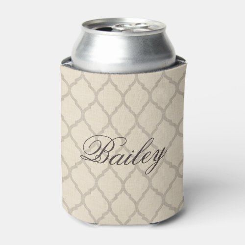 Rustic Linen Beige and Taupe Quatrefoil Monogram Can Cooler