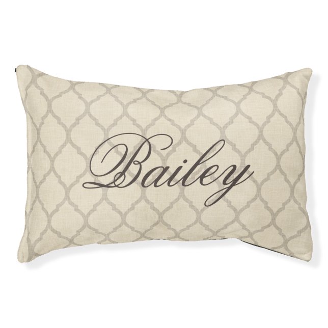 Rustic Linen Beige and Taupe Quatrefoil Monogram Pet Bed (Front)