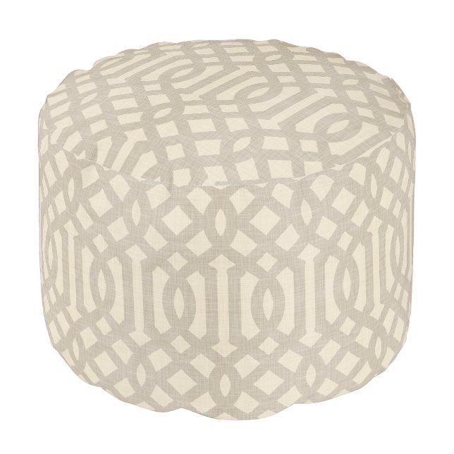 Rustic Linen Beige and Taupe Trellis Pouf (Angled Front)
