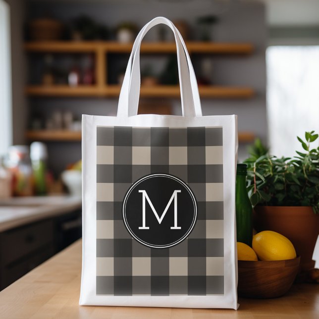 Rustic Linen Black Buffalo Plaid gingham Monogram Reusable Grocery Bag (Personalized grocery tote with buffalo plaid pattern and monogram)