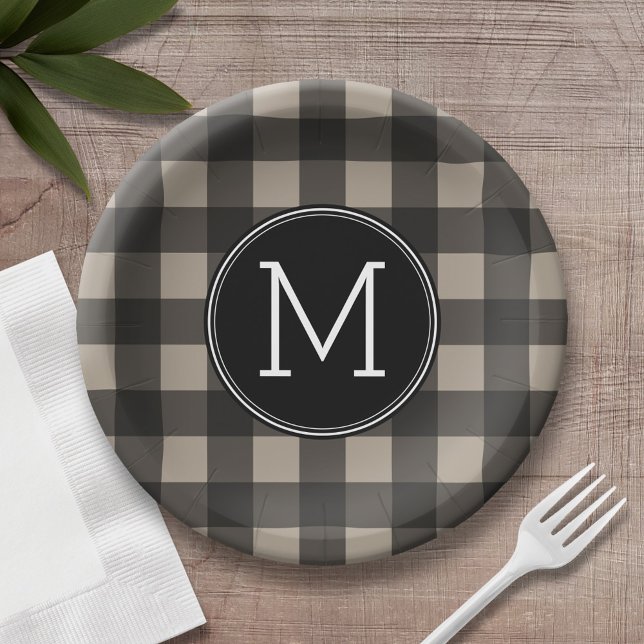 Rustic Linen Black Buffalo Plaid Pattern Monogram Paper Bowls (Personalized birthday plates and bowls with buffalo check pattern)