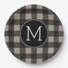 Rustic Linen Black Buffalo Plaid Pattern Monogram